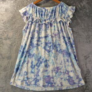 LuLaRoe Womens Boho Ruffle Sleeve Top S Blue Purple Abstract‎ Print Cottagecore